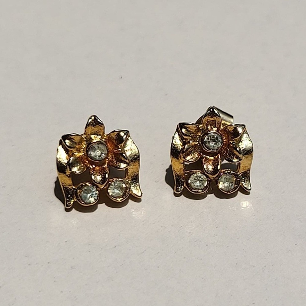 Vintage Floral Stud Earrings 14K Gold Filled Rhinestone Flower